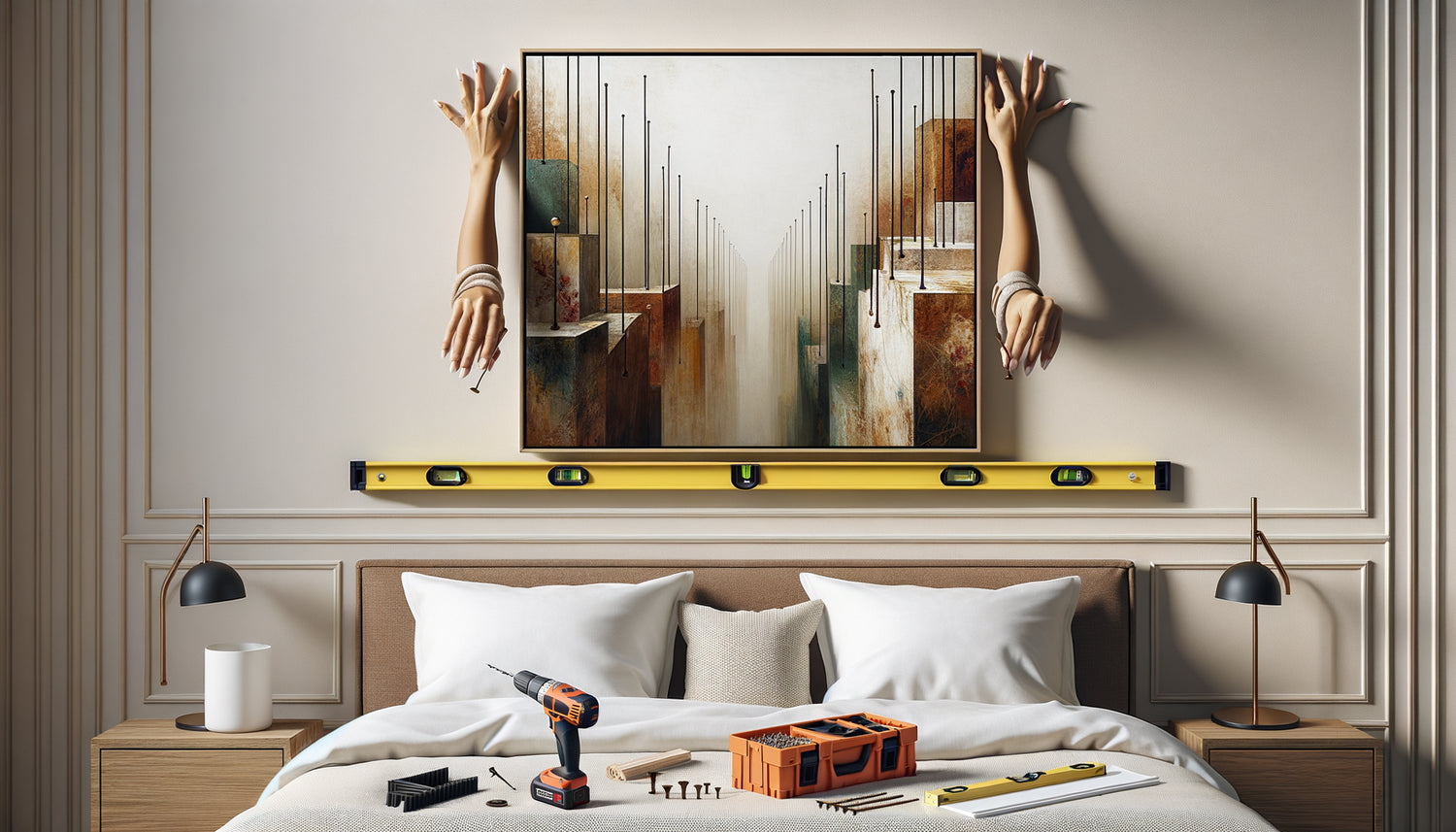 Installation sécurisée d'une œuvre lourde au-dessus d'un lit avec fixations murales professionnelles et niveau à bulle