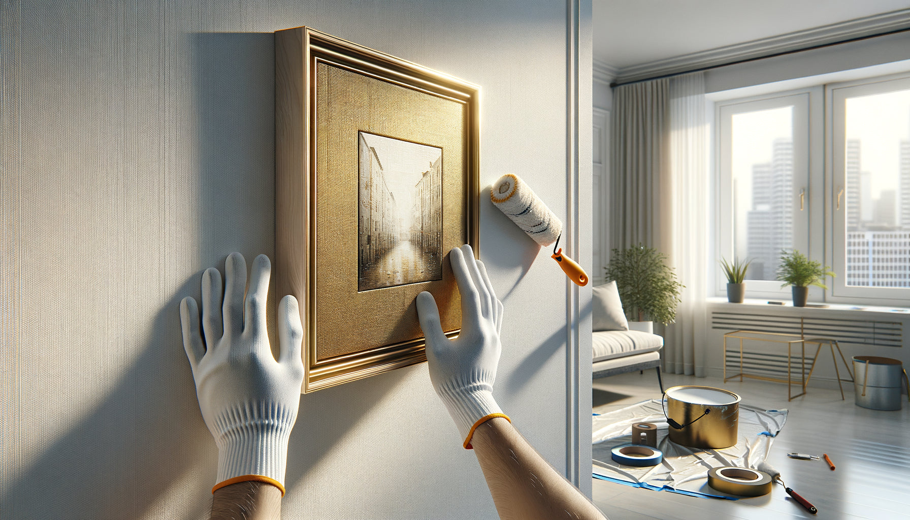 Installation soigneuse d'un tableau encadré sur mur fraîchement peint dans un appartement contemporain, détails des finitions visibles