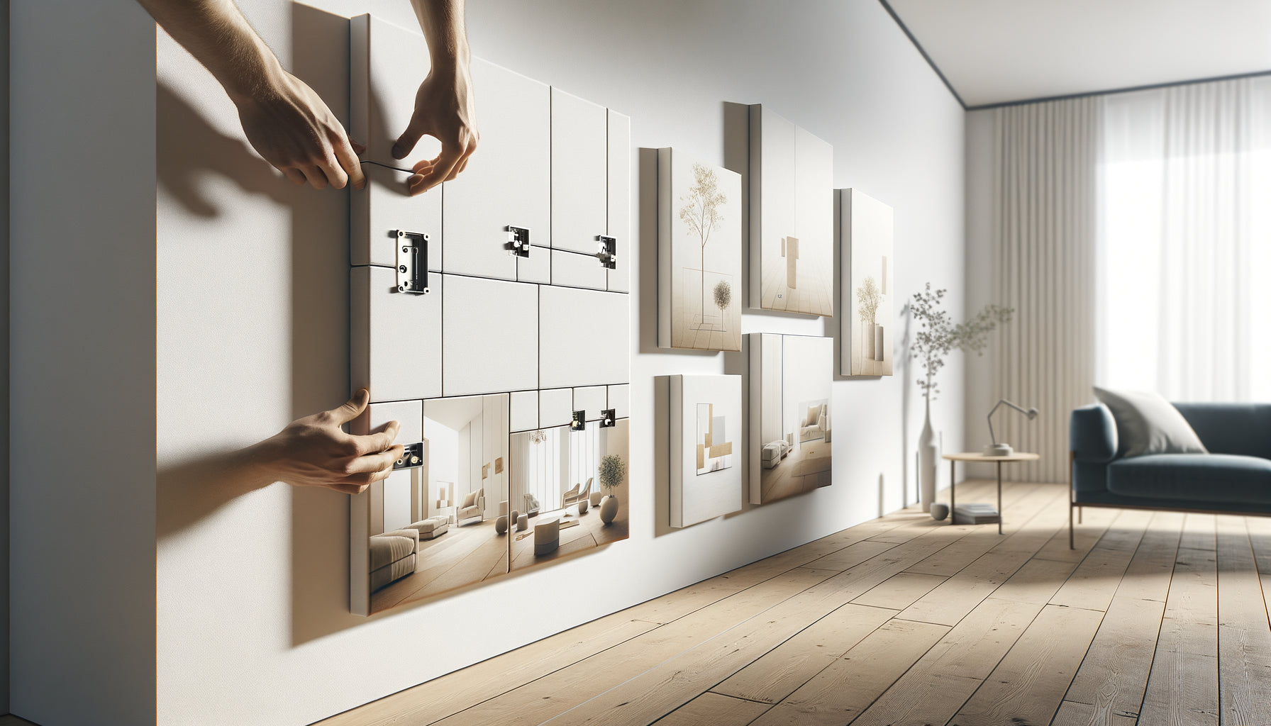 Installation de panneaux modulaires sur mur blanc montrant la flexibilité d'arrangement des tableaux contemporains