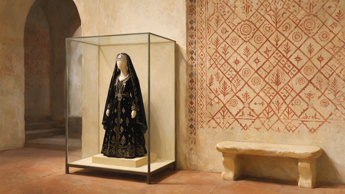 Une salle de musée avec une robe de mariée brodée et des bijoux en argent dans une vitrine, devant un mur orné de motifs de henné.