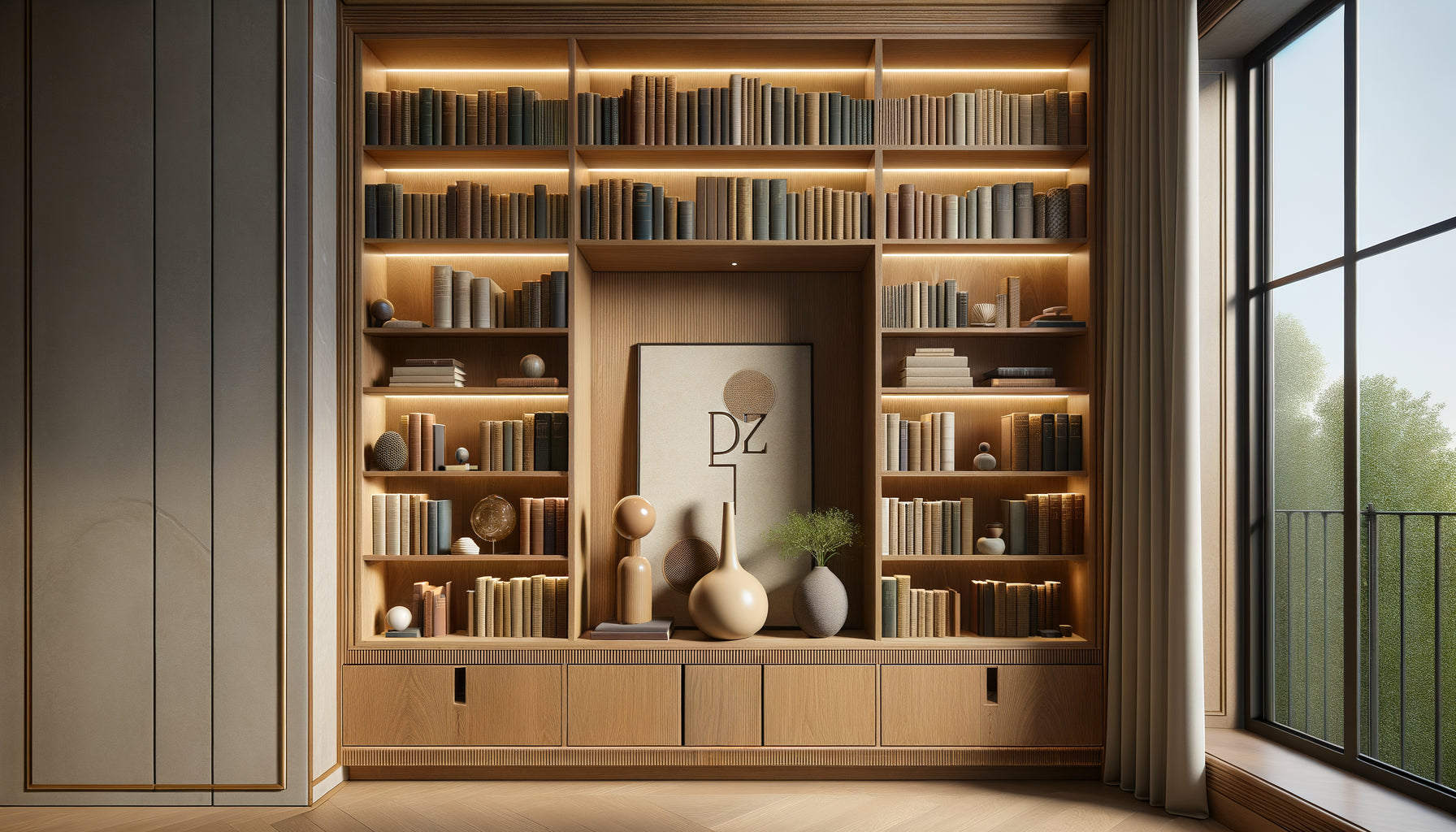 Niche de bibliothèque sur mesure contemporaine avec livres et sculpture discrète, éclairage subtil et équilibre raffiné