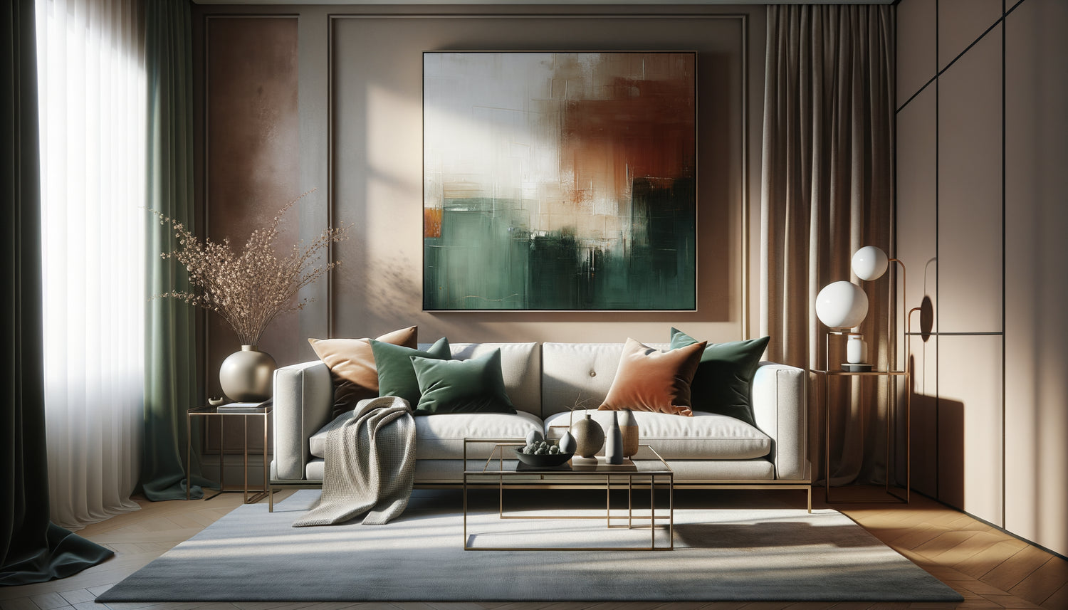 Salon contemporain élégant avec tableau mural abstrait aux couleurs harmonieuses intégrant subtilement les teintes préférées dans la décoration