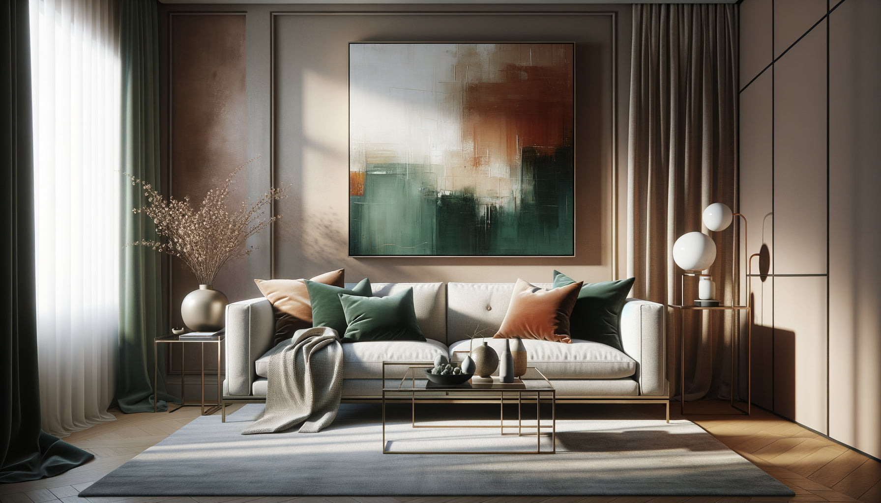 Salon contemporain élégant avec tableau mural abstrait aux couleurs harmonieuses intégrant subtilement les teintes préférées dans la décoration