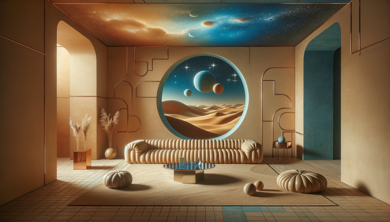 Intérieur minimaliste inspiré de l'esthétique Moebius fusionnant désert et cosmos, palette ocre et azur, mobilier organique aux accents technologiques et atmosphère contemplative