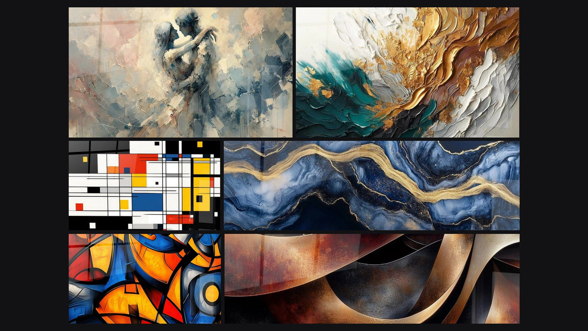 Mozaïek van zes schilderijen, waaronder Tafereel Tussen Ons, Spoor in Goud en Jade en Geometrisch gekleurde compositie