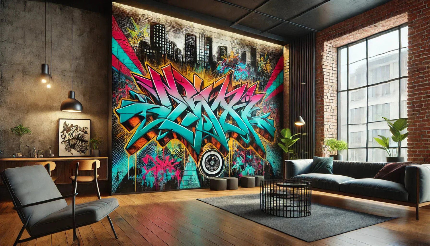 Un intérieur moderne sublimé par un tableau street art, représentant une toile graffiti colorée sur un mur en briques, parfait pour une décoration street art unique.