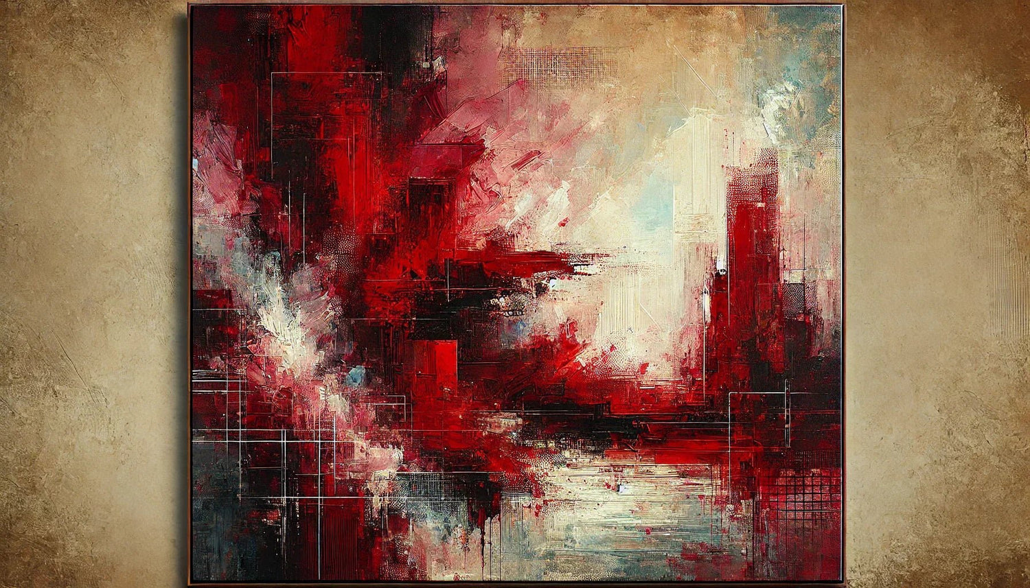 Tableau moderne représentant une œuvre d’art abstraite rouge, aux nuances de rouge profond et textures vibrantes, illustrant l'impact visuel et émotionnel de l'art contemporain rouge.