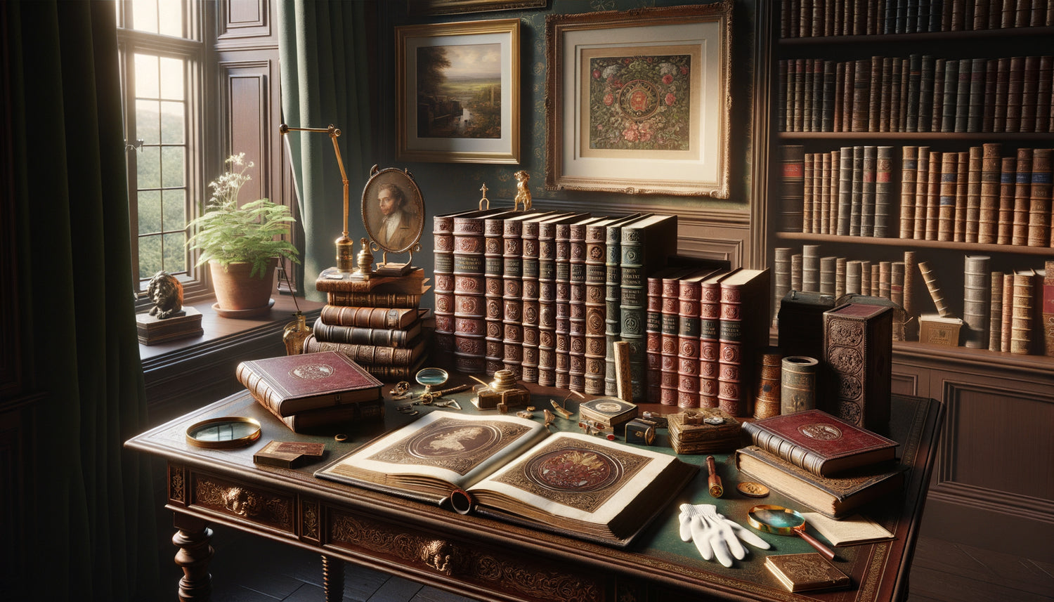 Bureau de collectionneur avec livres rares anciens et petite œuvre d'art encadrée, ambiance bibliophilie raffinée