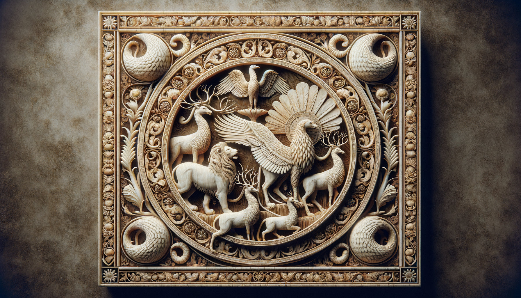 Sculpture sur ivoire byzantin du 10ème siècle représentant des animaux, période macédonienne, influences antiques classiques