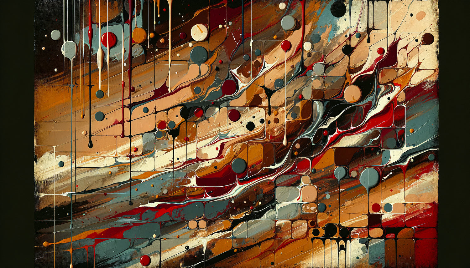 Peinture expressionniste abstraite style James Brooks années 50 combinant dripping spontané et coups de pinceau gestuels maîtrisés