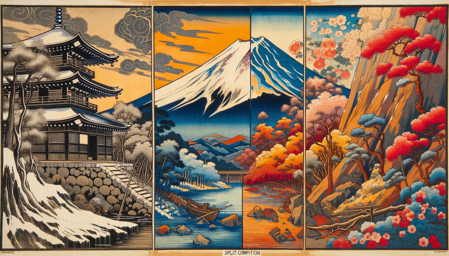Composition illustrant l'influence des estampes ukiyo-e japonaises sur la peinture impressionniste occidentale, période Japonisme 1860-1900