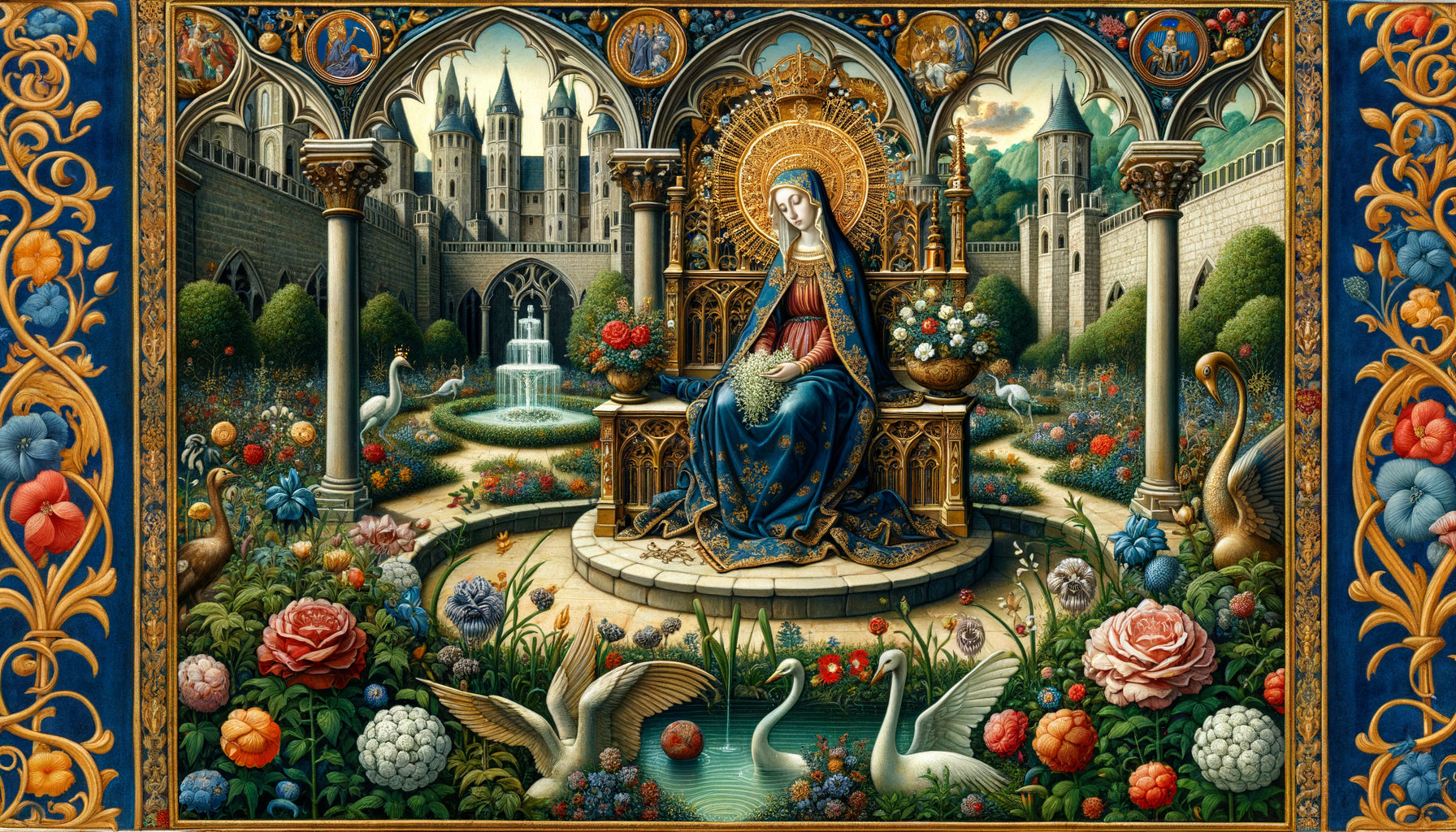 Jardin clos médiéval style enluminure gothique, Vierge Marie entourée de roses et lys, symbolique du paradis perdu