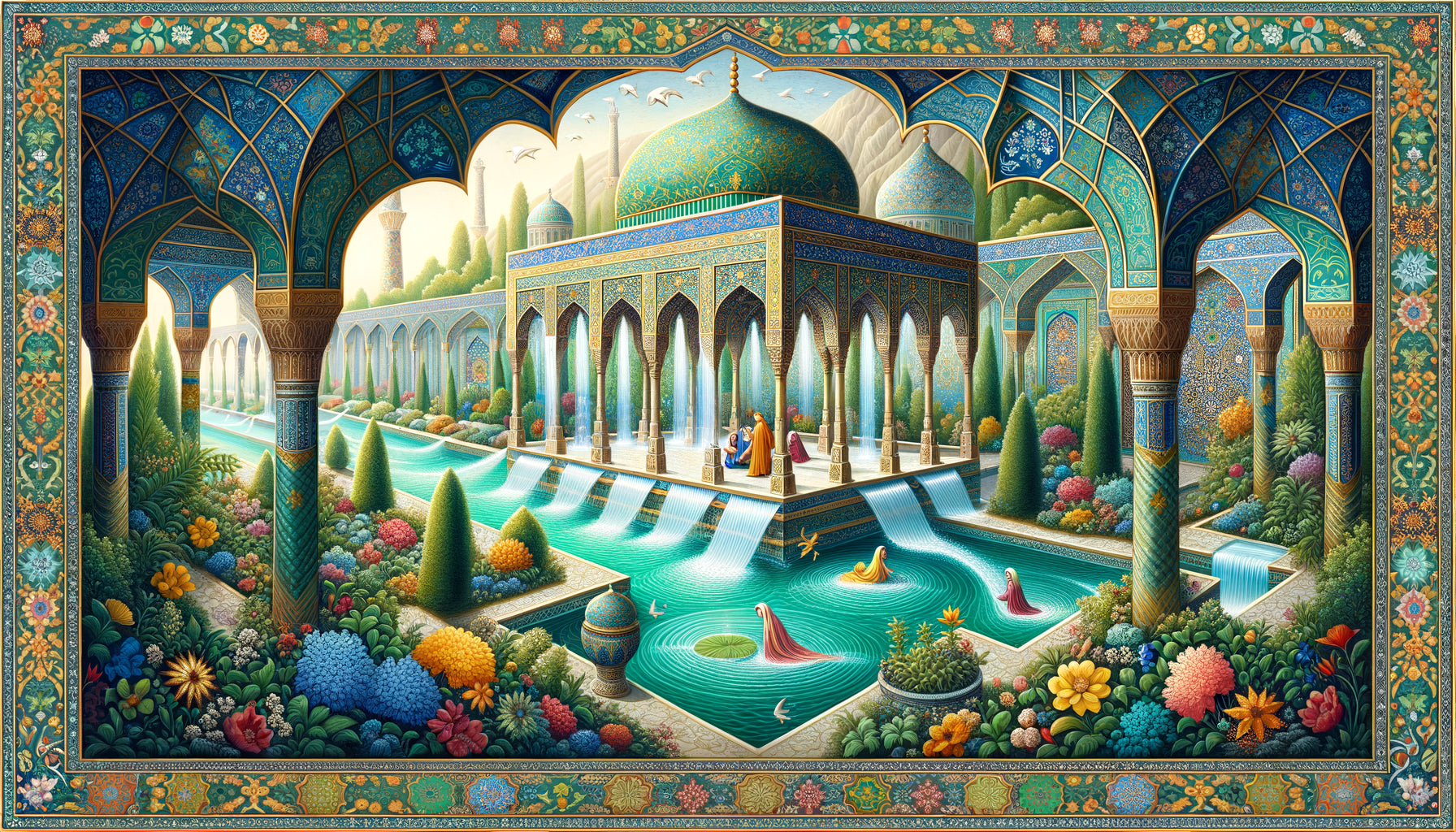 Miniature persane traditionnelle représentant un jardin paradisiaque avec fontaines et cours d'eau, esthétique islamique médiévale sans glace