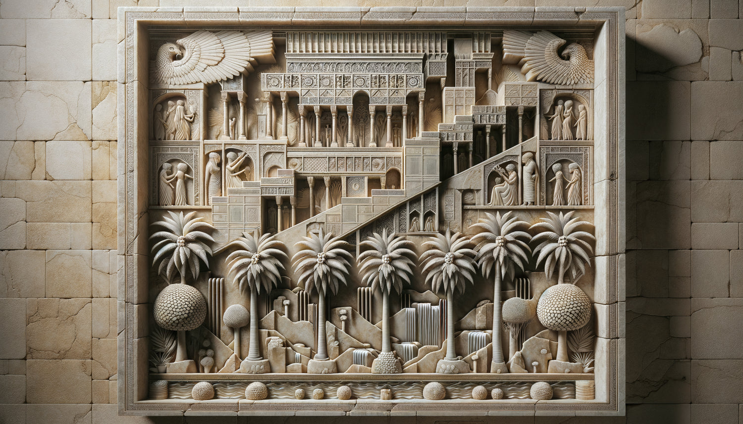 Bas-relief perse antique représentant les jardins suspendus de Babylone avec palmiers stylisés et terrasses étagées