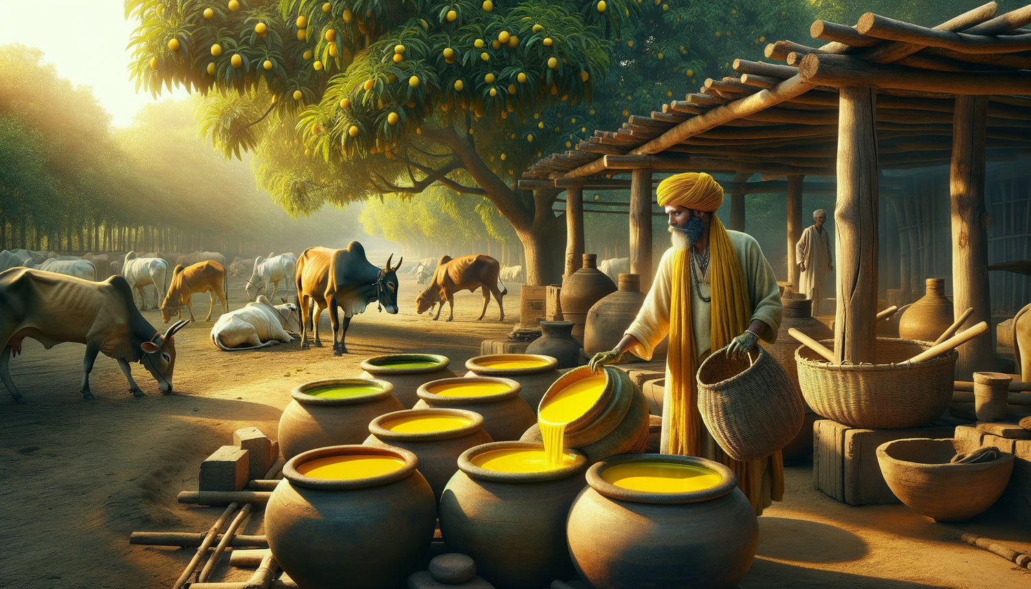 Scène historique indienne du 18ème siècle montrant la fabrication artisanale du pigment jaune indien traditionnel
