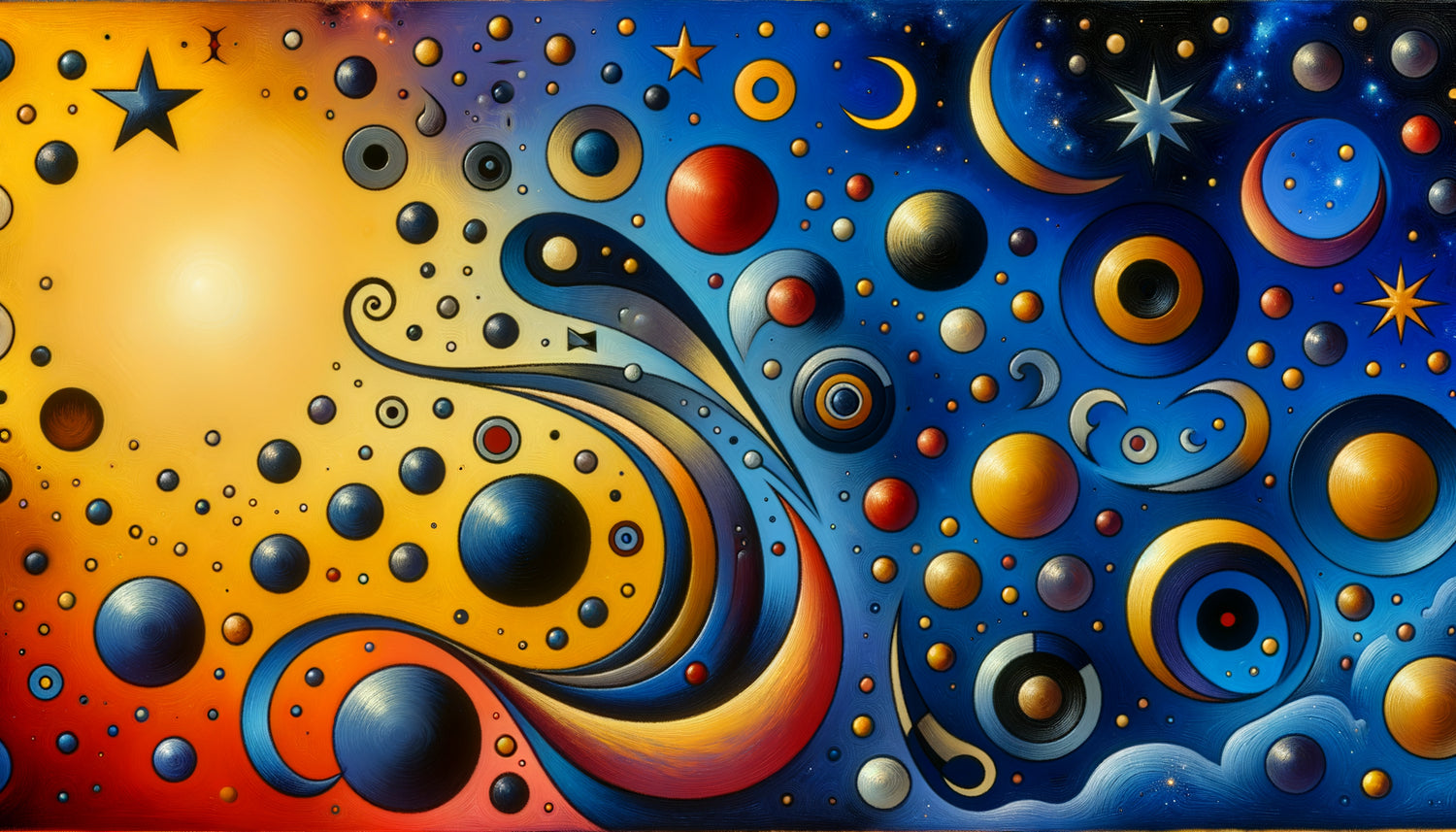 Peinture style Joan Miró avec signes cosmiques abstraits, formes organiques flottantes et symboles poétiques sur fond bleu
