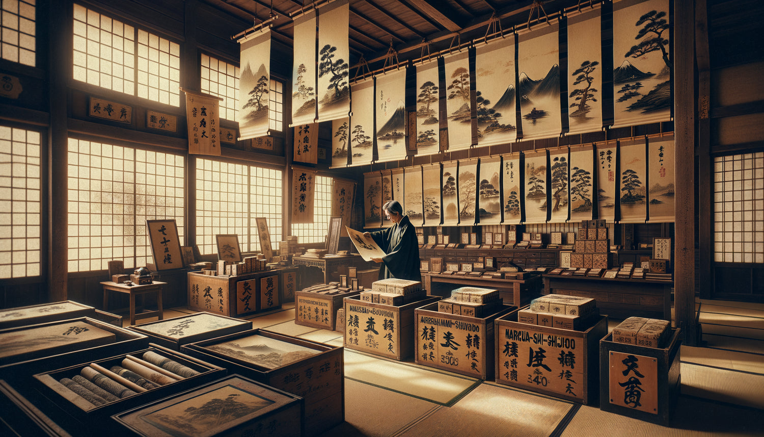 Intérieur d'une boutique de marchands de kakémonos à Kyoto, période Meiji, rouleaux de paysage organisés pour l'export