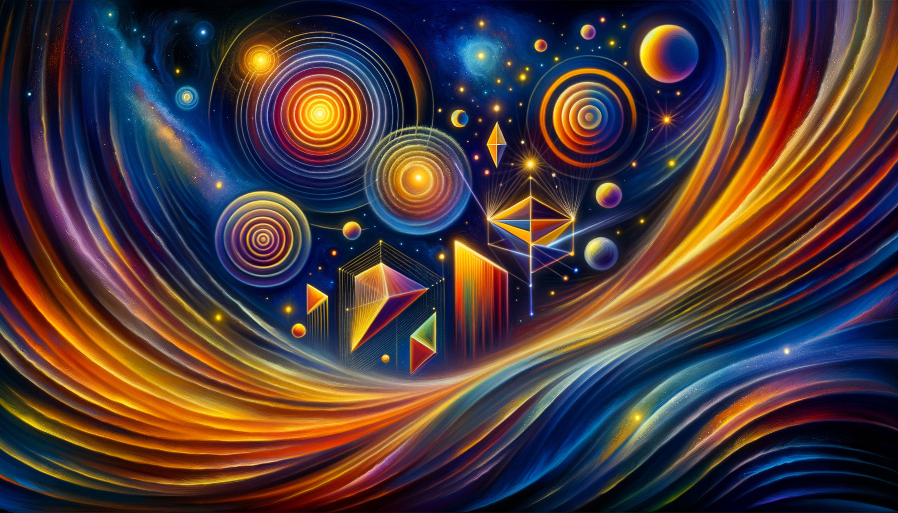 Composition abstraite dans le style de Kandinsky avec formes géométriques colorées émettant des vibrations cosmiques spirituelles