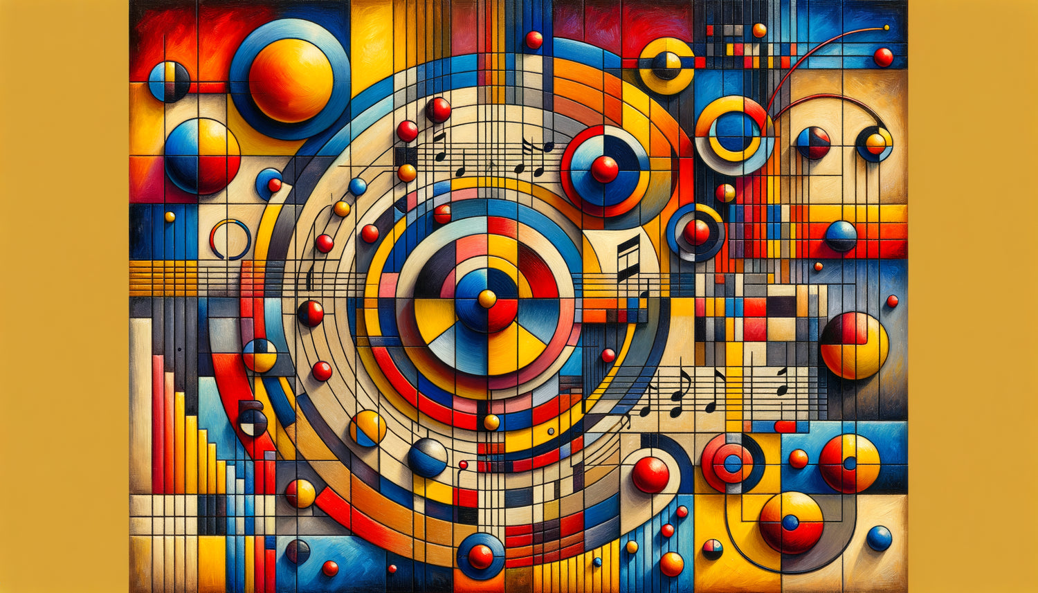 Composition abstraite style Kandinsky années 1920, formes géométriques colorées évoquant une partition musicale synesthésique