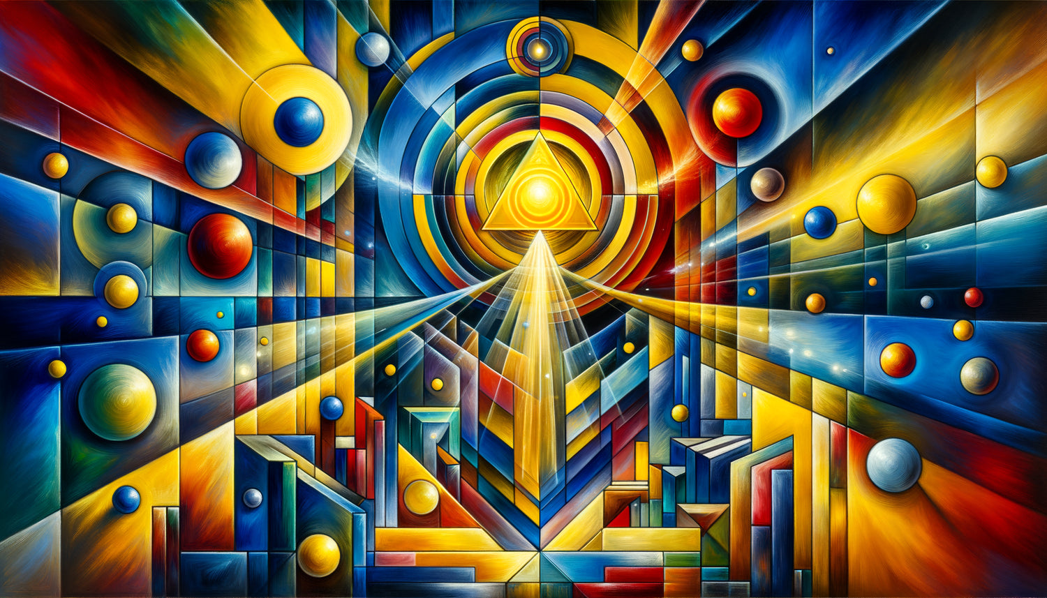 Peinture abstraite dans le style de Kandinsky avec triangle jaune spirituel dominant entouré de formes géométriques colorées