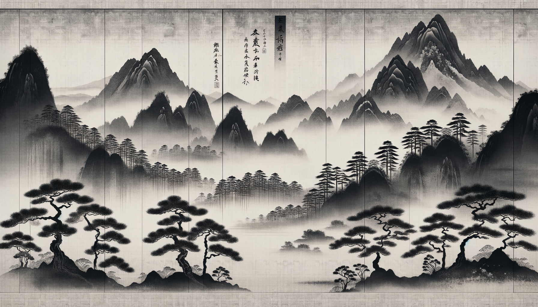 Peinture à l'encre zen de style Kanō Masanobu, XVe siècle, paysage montagneux minimaliste sur format fusuma