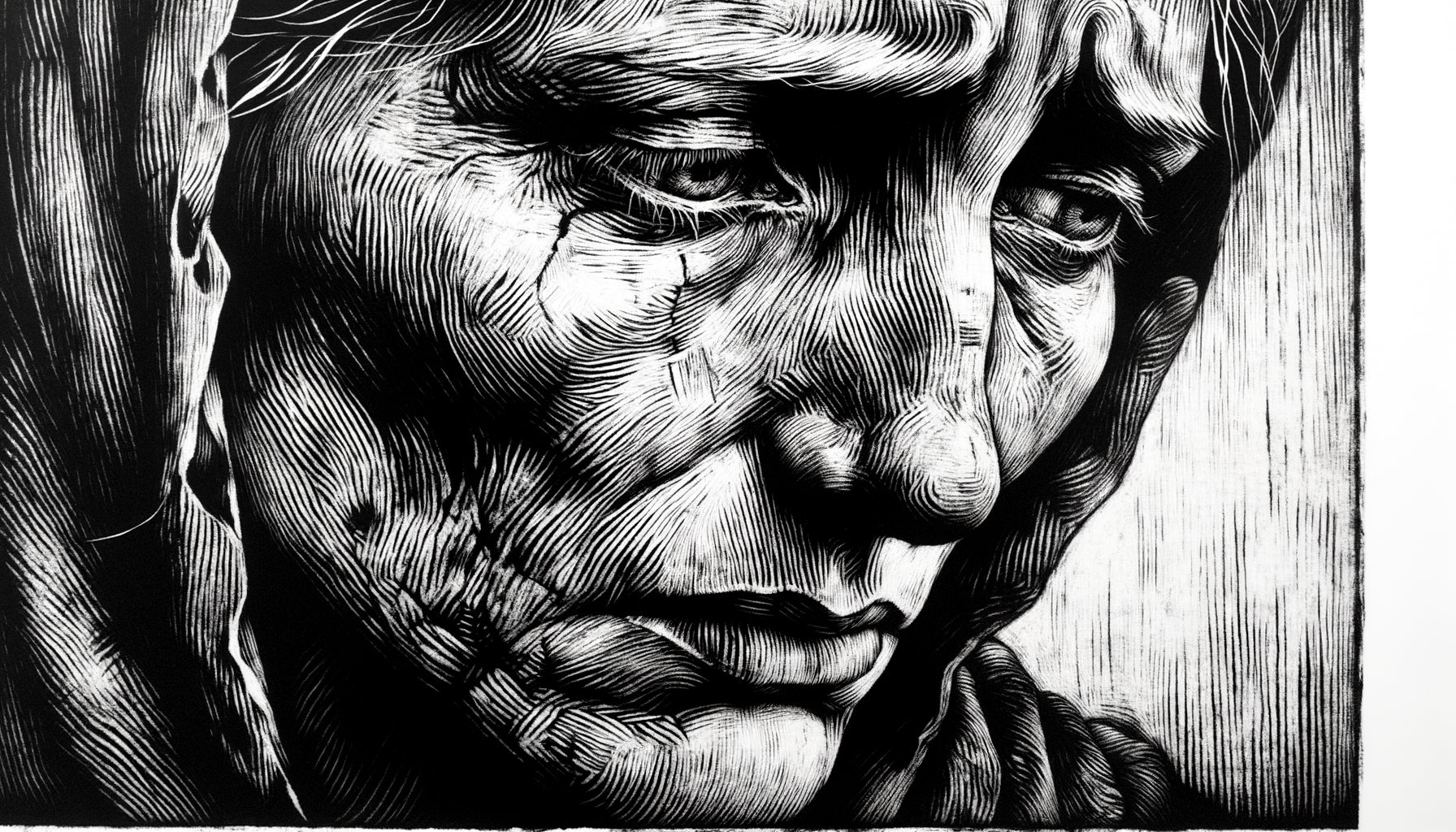 Gravure expressionniste style Käthe Kollwitz, visage de mère en deuil, noir et blanc contrasté, technique eau-forte années 1920