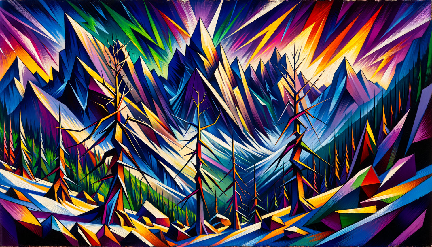 Paysage montagneux expressionniste style Kirchner avec formes anguleuses, montagnes en facettes tranchantes et arbres géométriques brisés