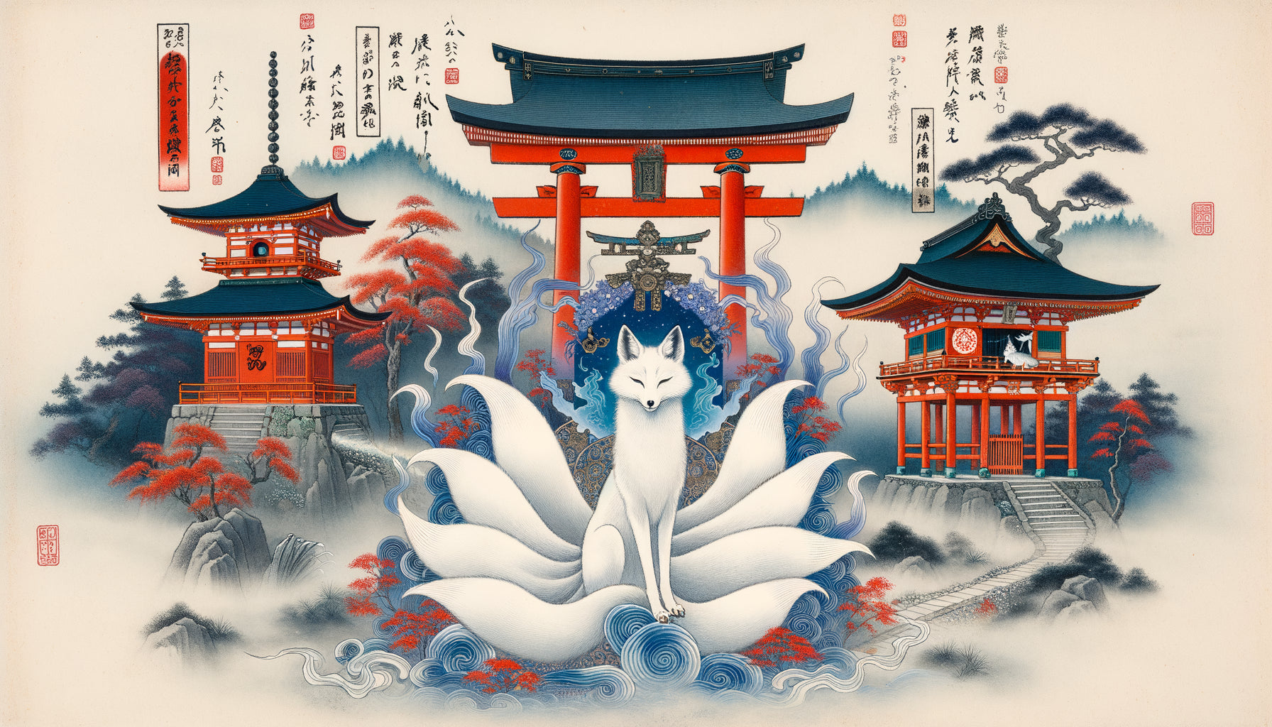 Peinture japonaise traditionnelle période Edo représentant la dualité du kitsune entre messager sacré d'Inari et esprit métamorphe trompeur
