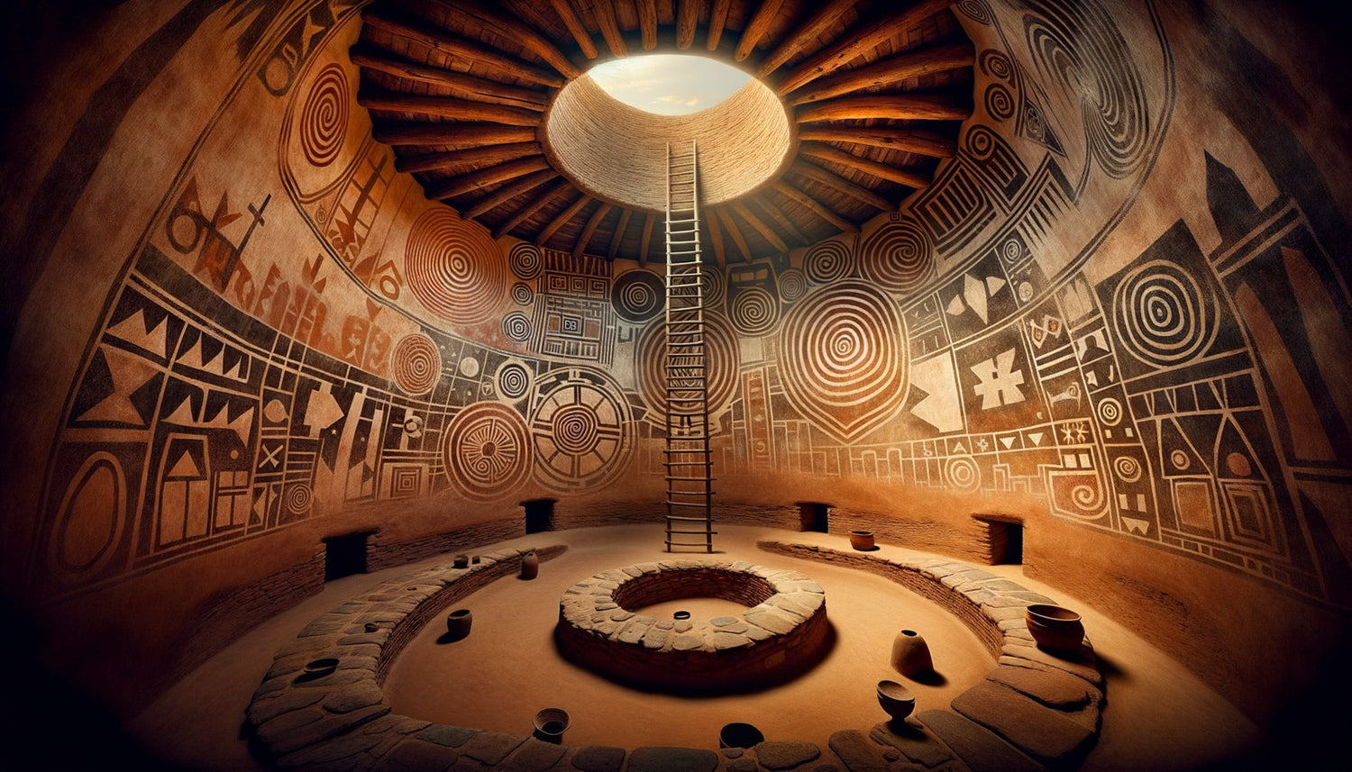 Intérieur de kiva pueblo ancestrale avec peintures murales cosmologiques géométriques en pigments naturels et symboles rituels sacrés