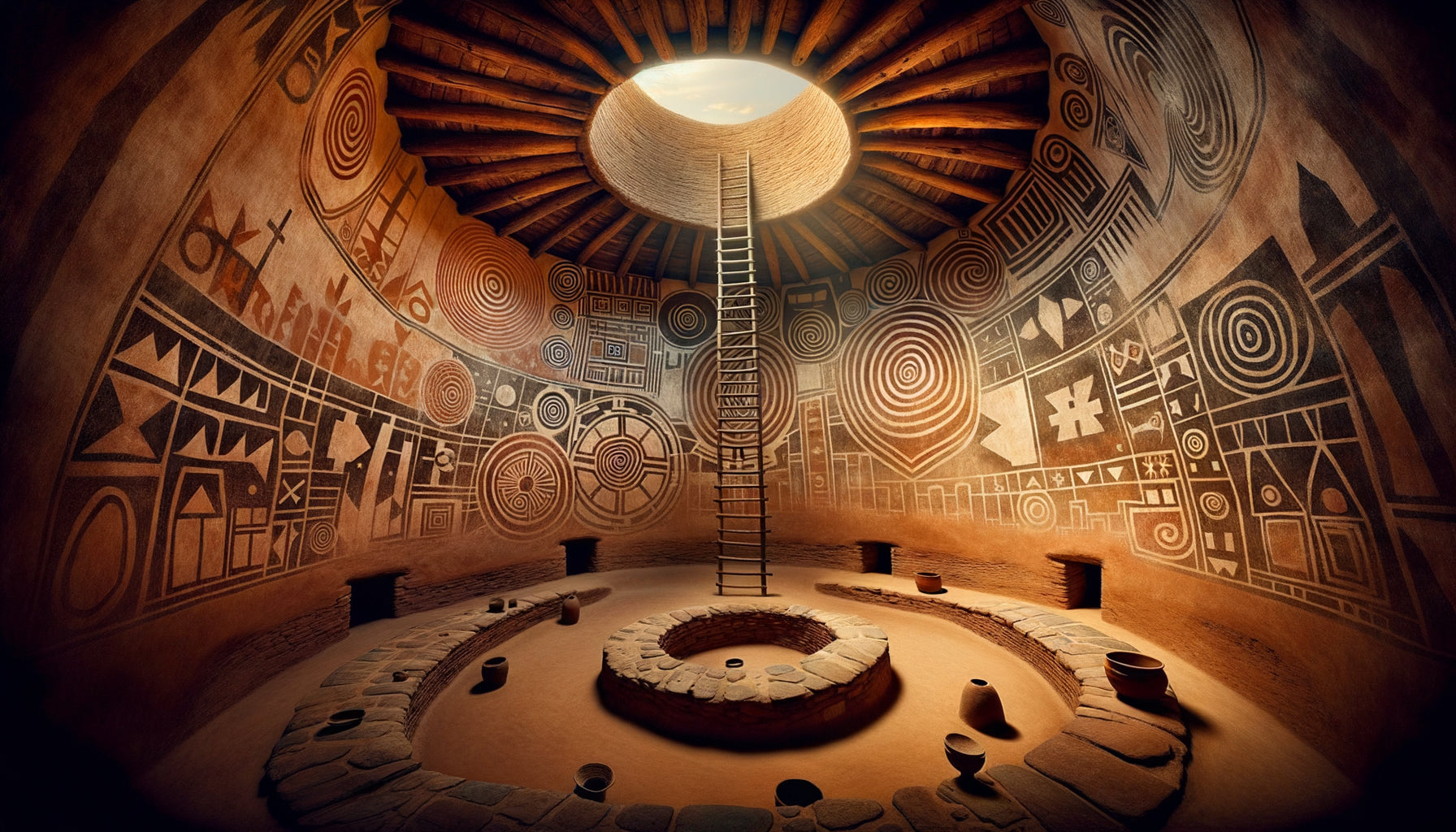 Intérieur de kiva pueblo ancestrale avec peintures murales cosmologiques géométriques en pigments naturels et symboles rituels sacrés