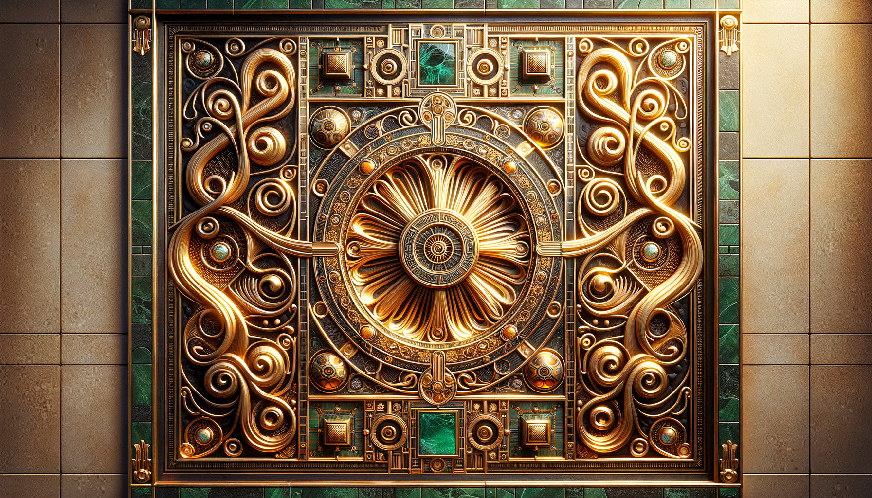 Panneau mural décoratif style Gustav Klimt avec feuilles d'or, motifs géométriques et spirales organiques, esthétique Sécession viennoise
