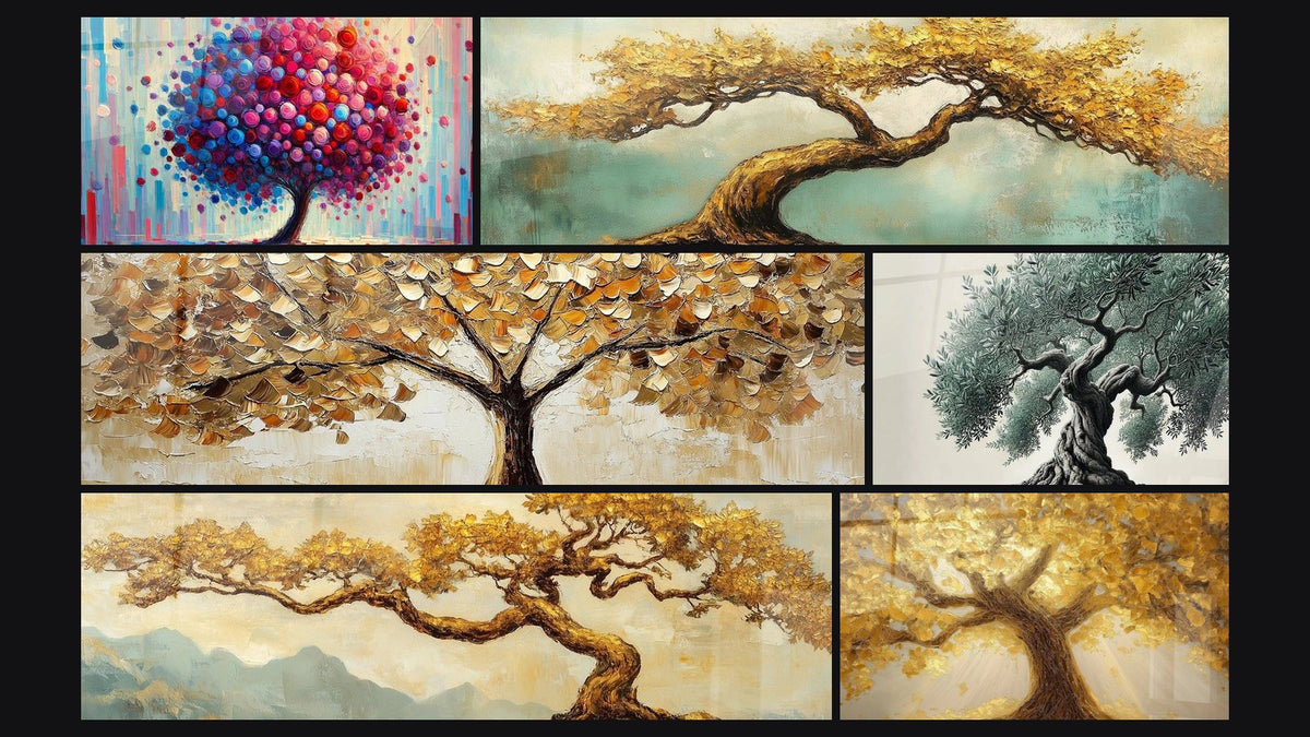 Mosaik aus sechs Gemälden, darunter Baum der Freude und Zeitloses Baum