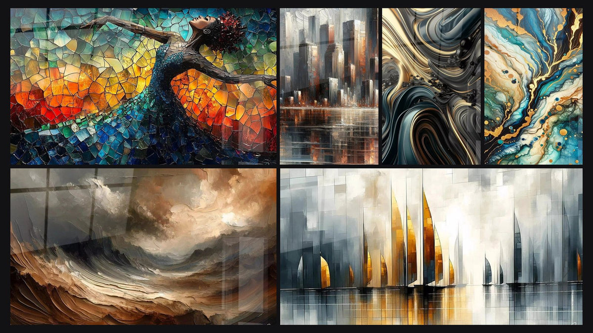 Mosaïque de six tableaux, dont Danse Feu Libératrice Rouge, Écho des Vents et Réflexions Urbaines