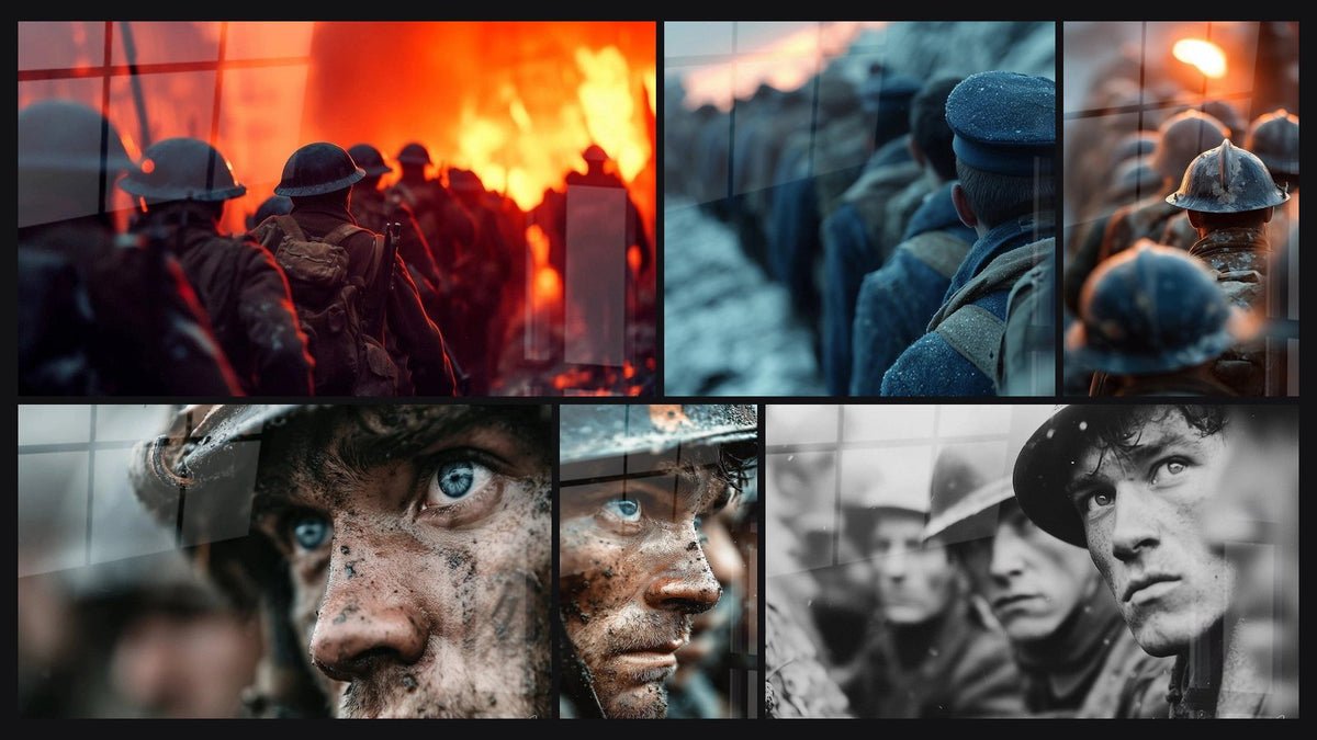 Mosaik aus sechs Gemälden, darunter Soldaten Glühende Nachtwache, Soldat Stilles Morgenrot und Soldaten Kriegsdämmerung
