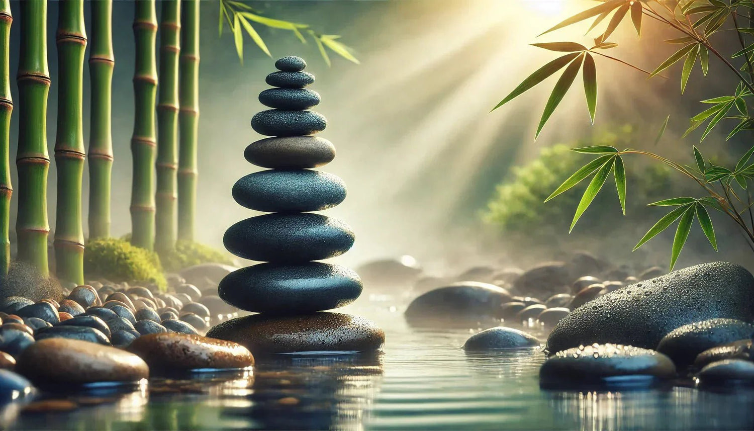 Galets empilĂ©s en harmonie dans un dĂ©cor zen naturel, illustrant lâĂ©quilibre et la sĂ©rĂ©nitĂ© selon la philosophie zen.