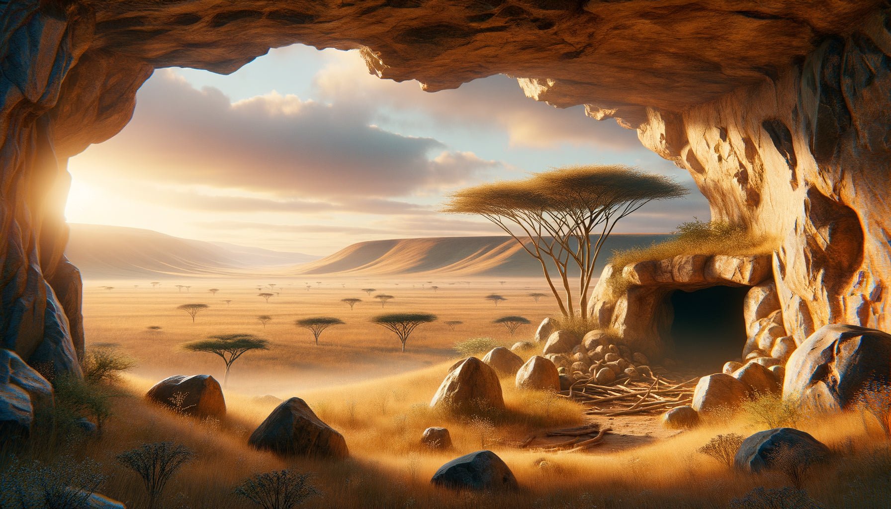 Paysage de savane illustrant la théorie Prospect-Refuge avec abri rocheux surplombant des plaines ouvertes, concept de psychologie évolutionniste