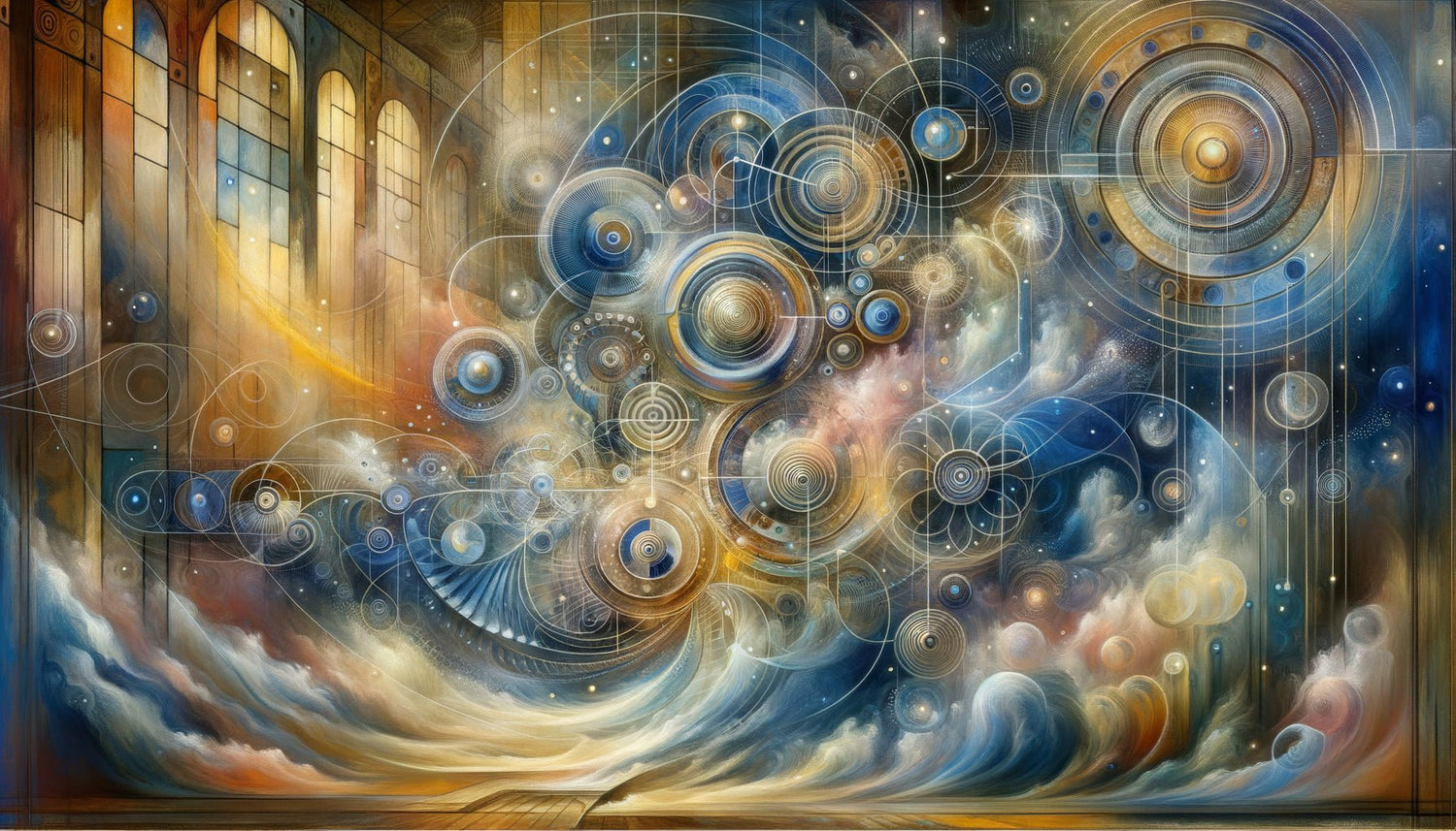 Peinture abstraite spirituelle cosmique style Kandinsky et Hilma af Klint, cercles concentriques et formes géométriques célestes, début XXe siècle