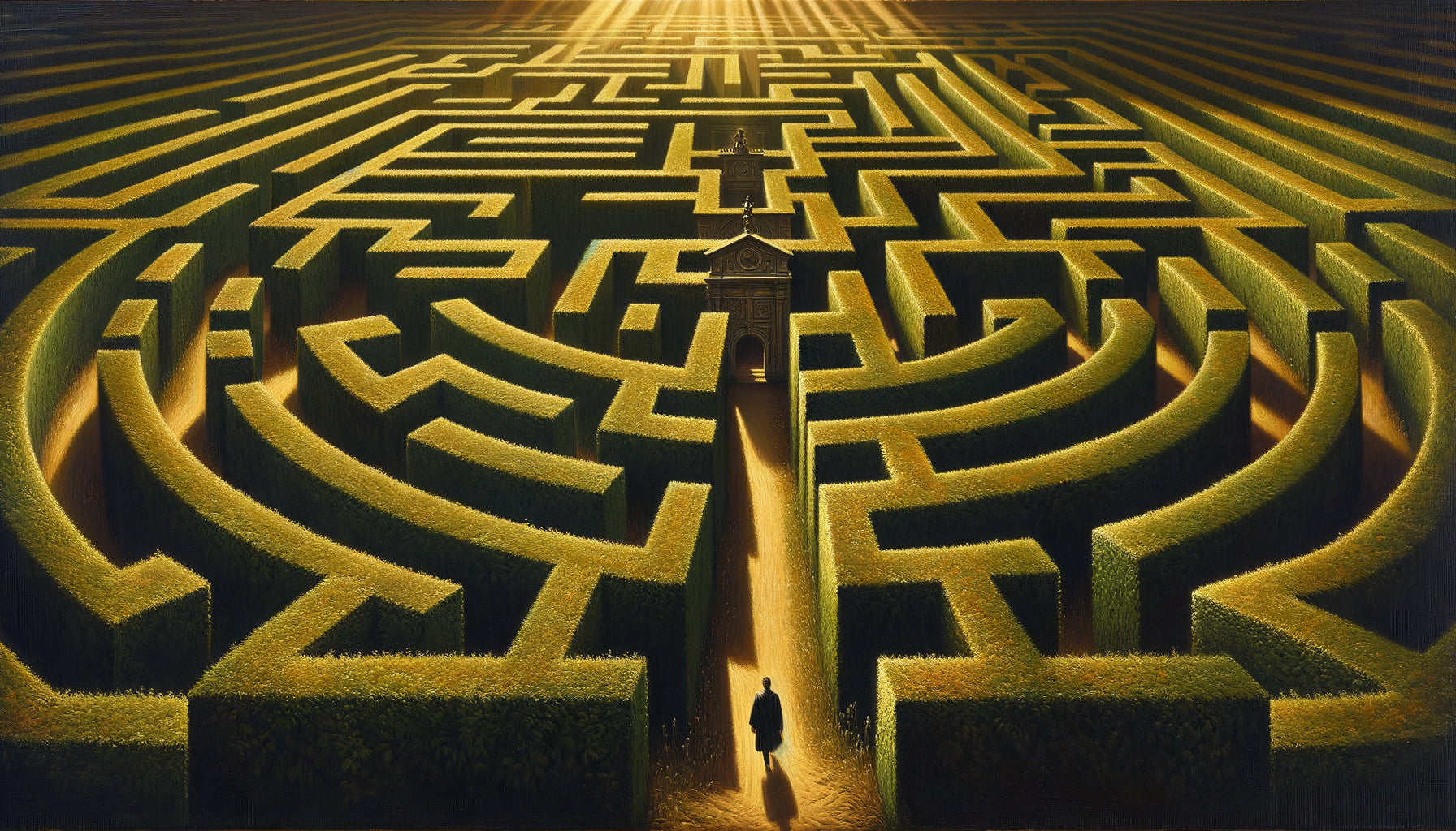 Peinture classique d'un labyrinthe Renaissance complexe vu en perspective, figure contemplant stratégiquement les chemins multiples