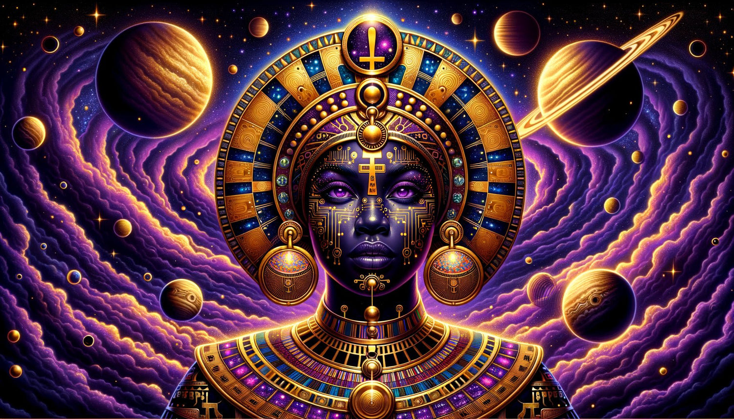 Illustration afrofuturiste style Sun Ra années 70, figure africaine ornée de symboles cosmiques et égyptiens sur fond de nébuleuses dorées et pourpres