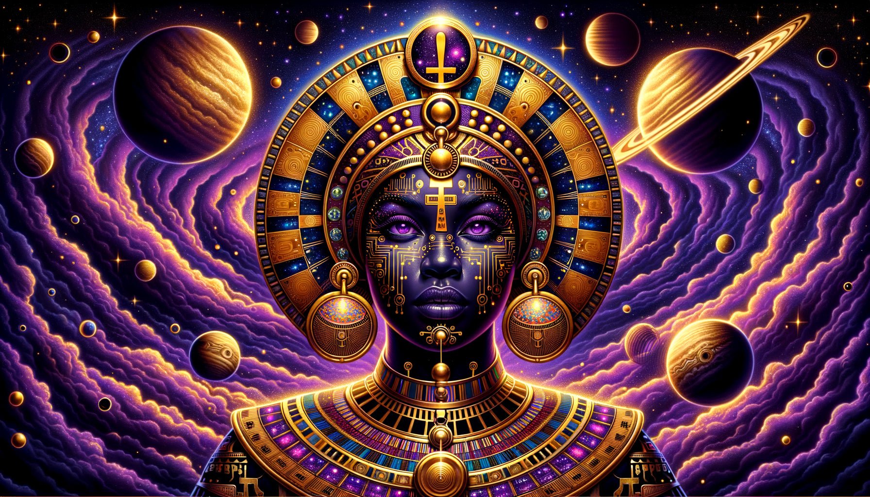 Illustration afrofuturiste style Sun Ra années 70, figure africaine ornée de symboles cosmiques et égyptiens sur fond de nébuleuses dorées et pourpres