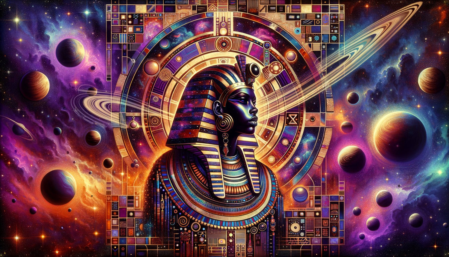 Art mural afrofuturiste cosmique style Sun Ra, figures noires ornées coiffes égyptiennes spatiales, nébuleuses dorées et violettes, symboles ancestraux africains fusionnés science-fiction
