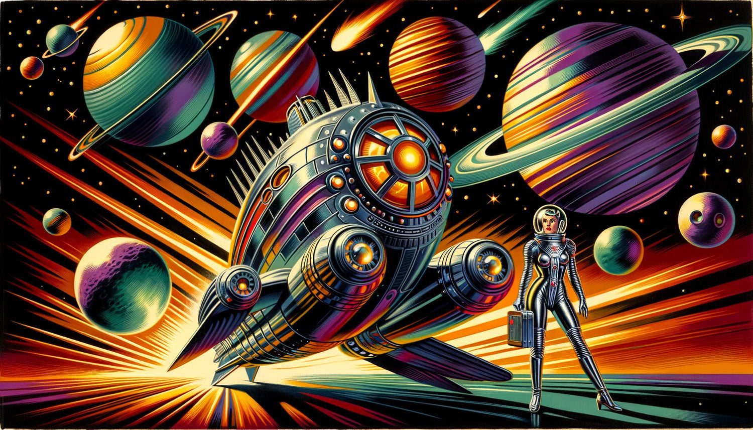 Illustration rétro-futuriste style pulp magazine années 1940 avec fusée chromée art déco, planètes colorées et héroïne spatiale vintage