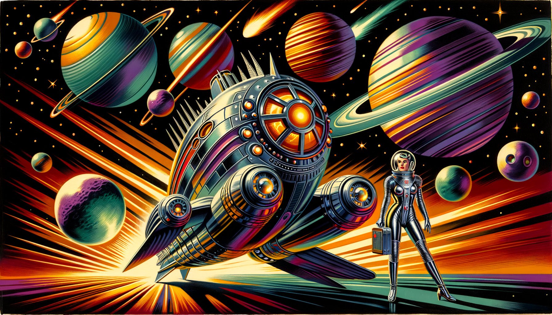 Illustration rétro-futuriste style pulp magazine années 1940 avec fusée chromée art déco, planètes colorées et héroïne spatiale vintage