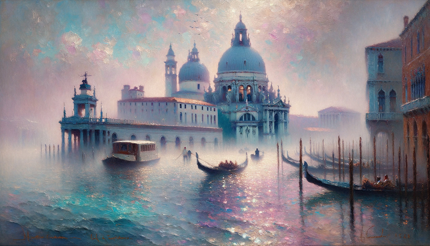 Peinture impressionniste de la lagune vénitienne style Monet, reflets aquatiques et brume dissolvant l'architecture, palette pastel lumineuse