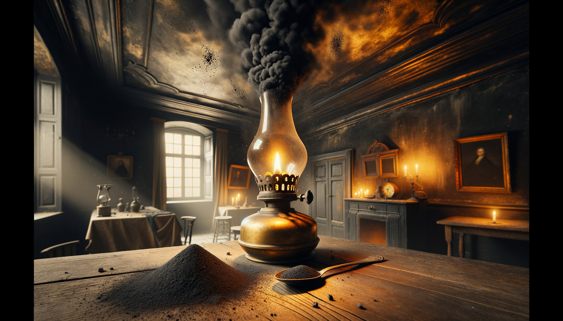 Lampe à huile ancienne produisant des dépôts de noir de fumée visibles sur plafond et murs d'intérieur du 18e siècle