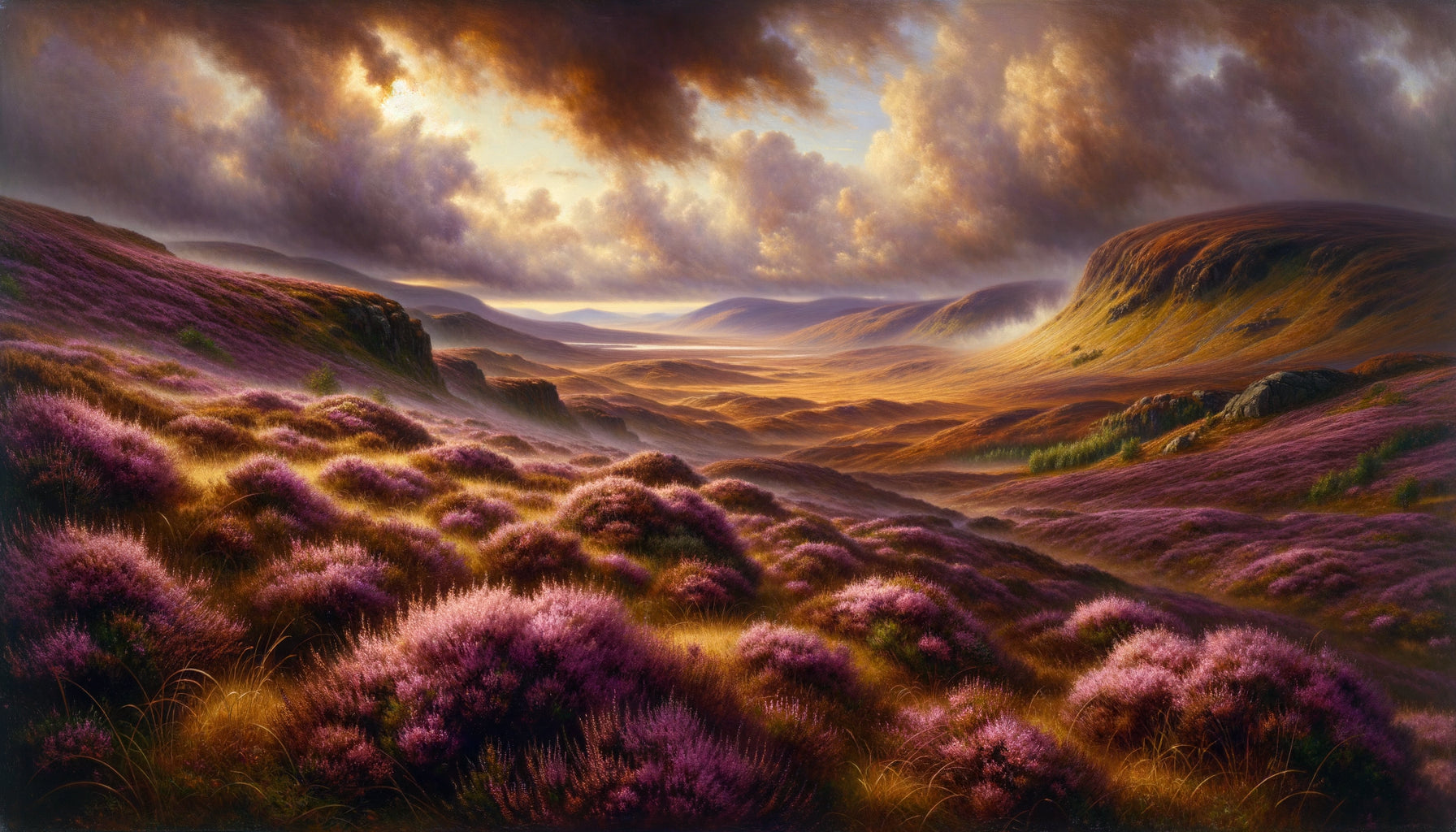 Peinture romantique style Turner représentant les landes écossaises en bruyère pourpre sous lumière dramatique, 19ème siècle