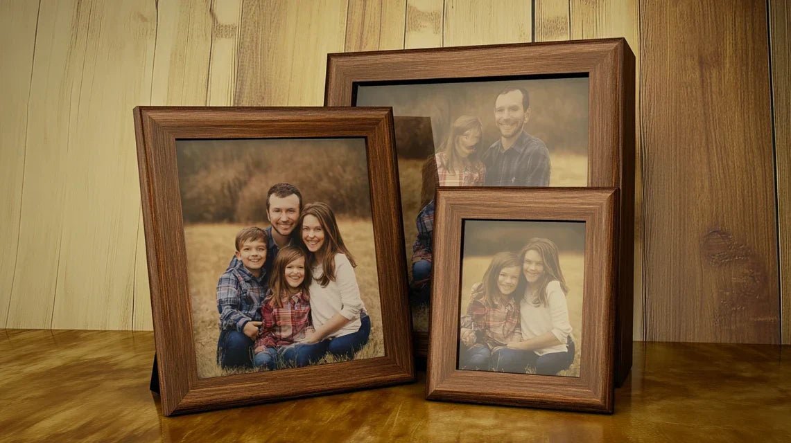 Arrangement familial montrant l'art de mettre en valeur des photos de famille avec des cadres en bois massif assortis créant une narration visuelle cohérente à travers différentes générations.
