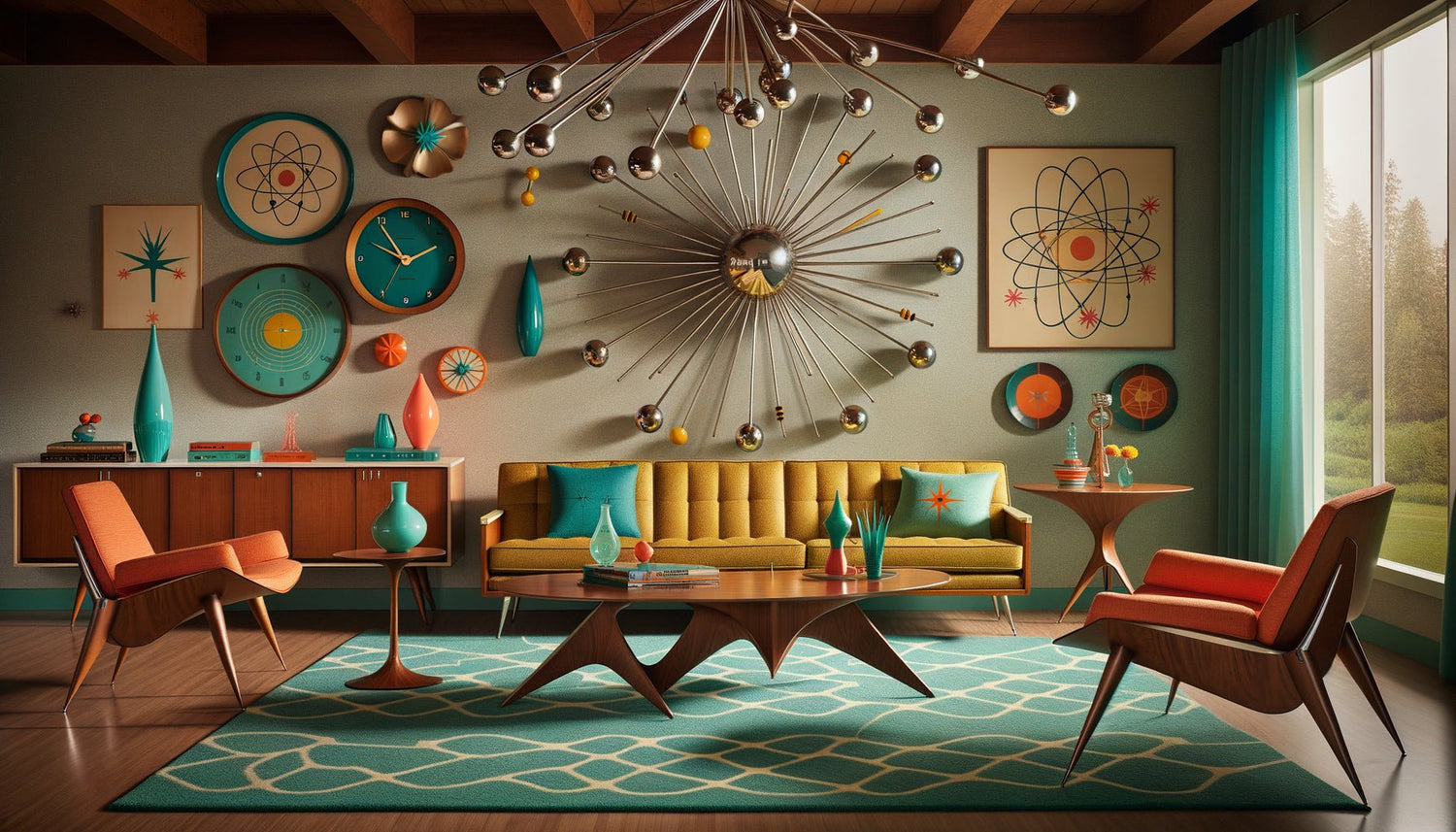 Intérieur Atomic Age Design années 1950 avec motifs starburst, mobilier biomorphique et couleurs électriques turquoise et orange