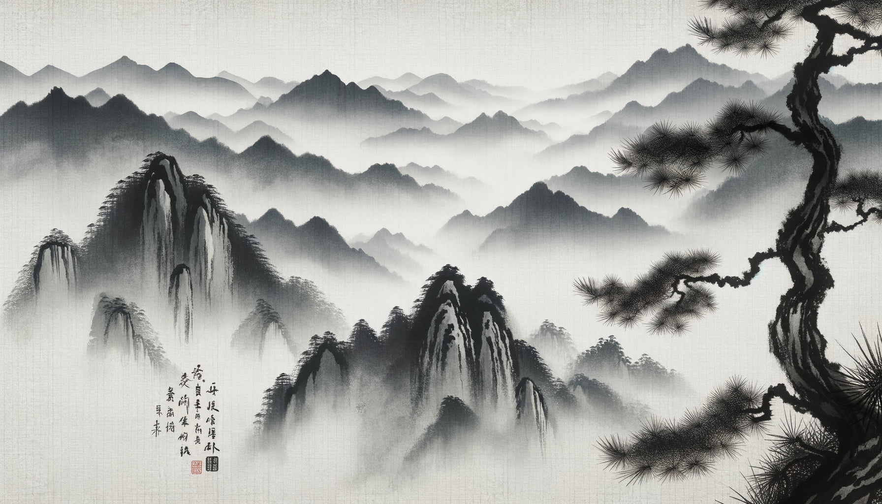 Peinture traditionnelle chinoise au lavis d'encre monochrome sur papier de riz, paysage montagneux zen en nuances de gris