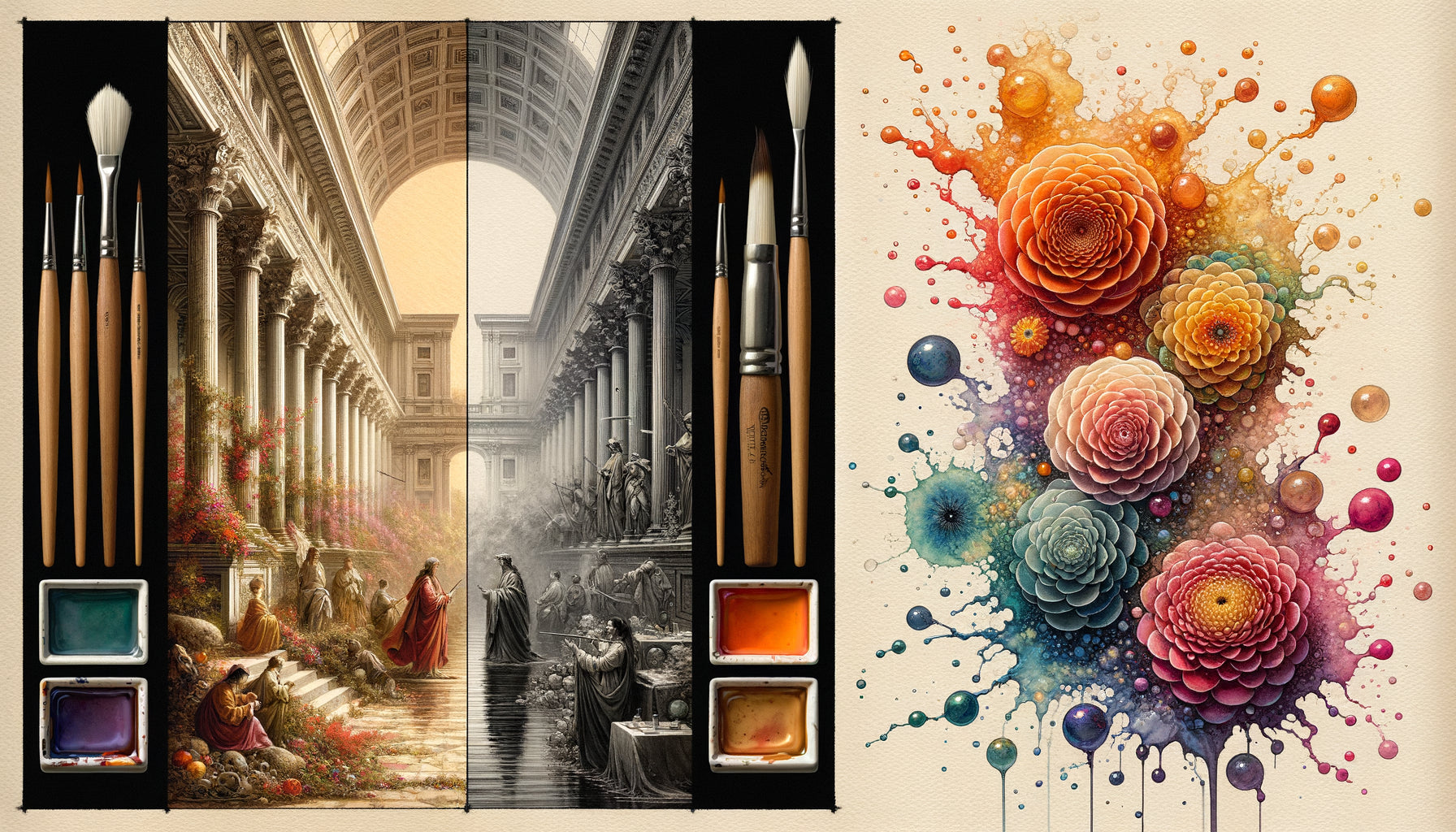 Comparaison visuelle entre lavis européen contrôlé et tarashikomi japonais spontané, techniques ancestrales aquarelle